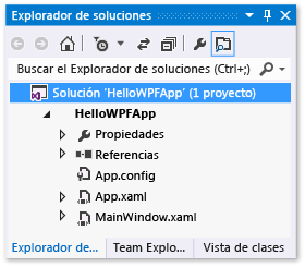 Explorador de soluciones con los archivos HelloWPFApp cargados