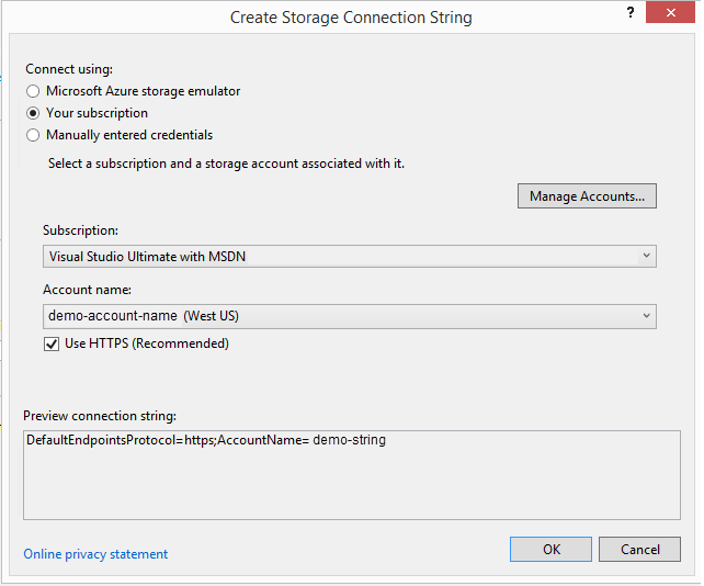 Storage account dialog box