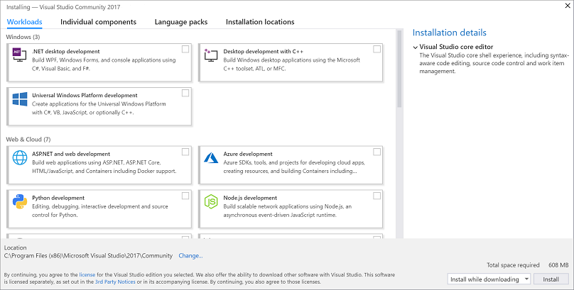Screenshot showing the Workloads tab of the Visual Studio Installer.