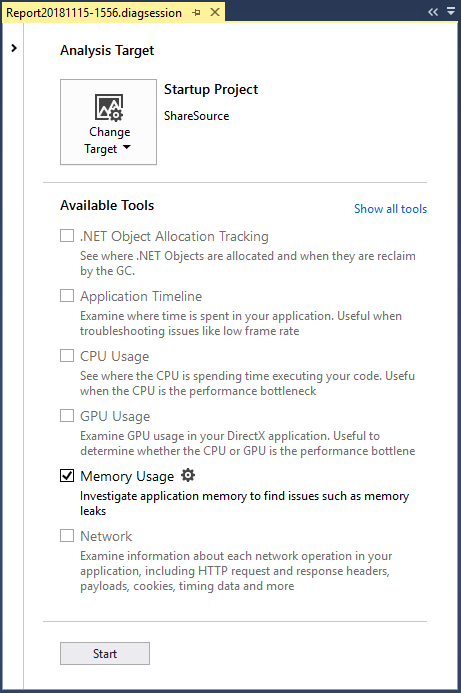 Start a Memory Usage diagnostic session Start a Memory Usage diagnostic session