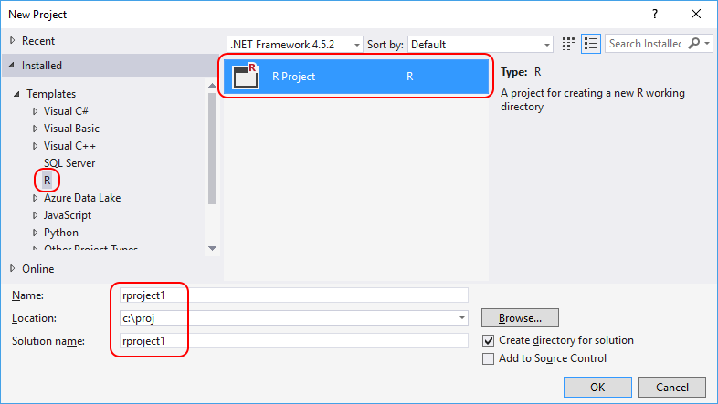 New Project dialog box for R in Visual Studio (RTVS in VS2017)