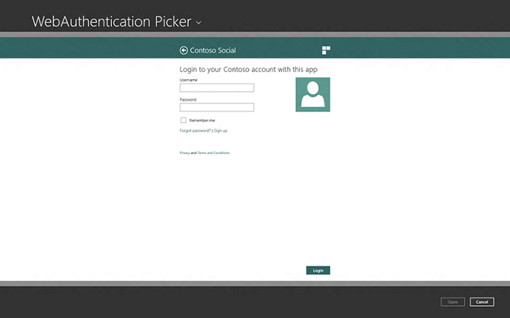 Ejemplo que muestra la interfaz de usuario del agente de autenticación web en la vista de Selector de archivos