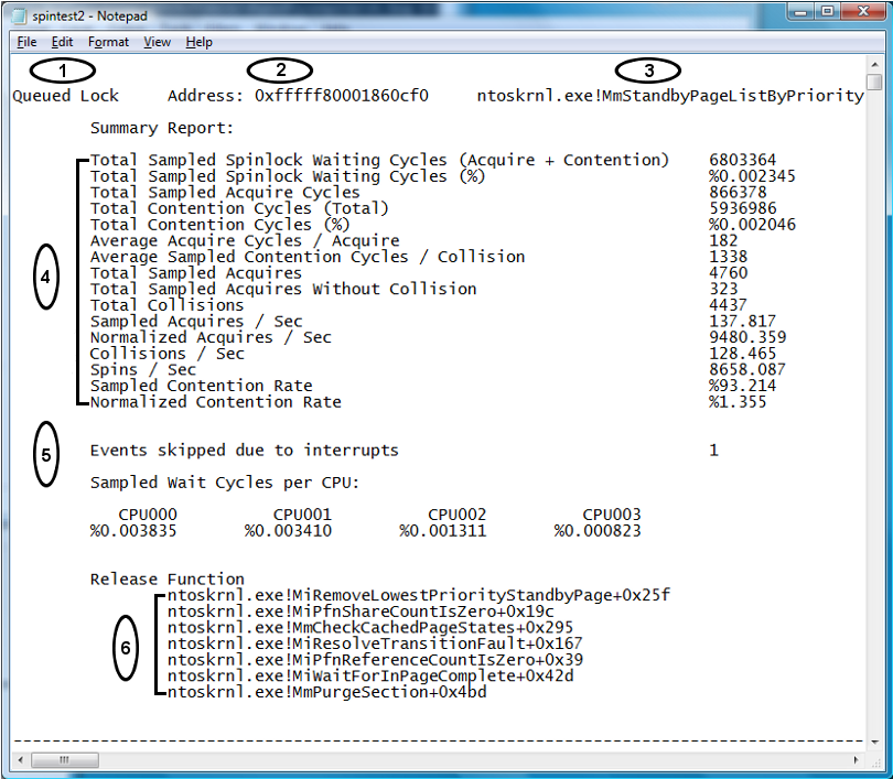 screen shot of a notepad window with a report displaying individual spin lock information