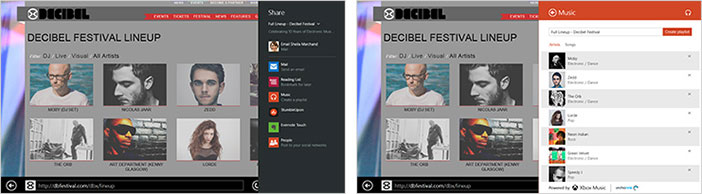 Sitio web de Decibel Festival Lineup primero con el panel Compartir abierto y, luego, compartiendo en Xbox Music con la opción para crear una lista de reproducción