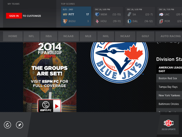 Captura de pantalla que muestra las barras de la aplicación superior e inferior en la página de un equipo de béisbol de la aplicación ESPN