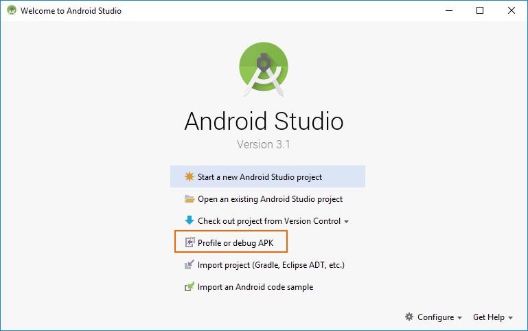 Iniciar el generador de perfiles desde la pantalla de inicio de Android Studio