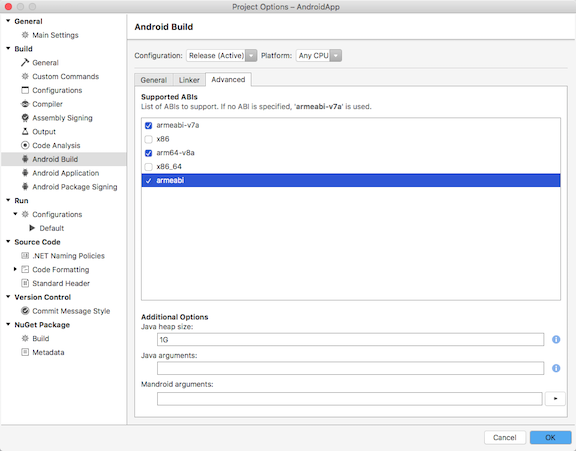 Supported ABIs list in the Visual Studio for Mac Android Build Advanced tab