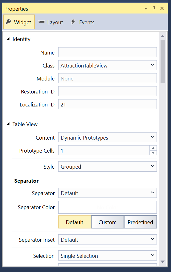 Pestaña Widget, donde puede cambiar las propiedades según sea necesario.