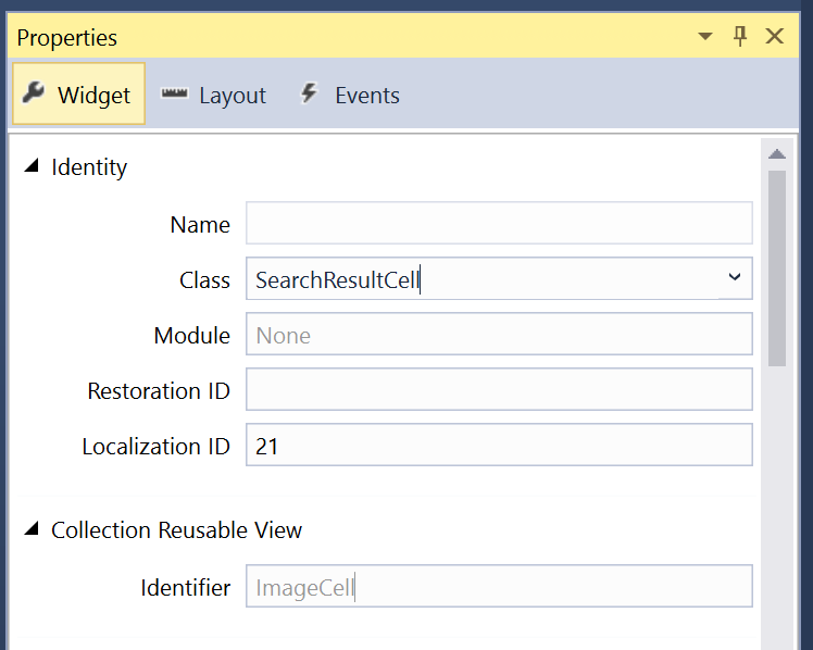 Pestaña Widget donde puede especificar Clase e Identificador.