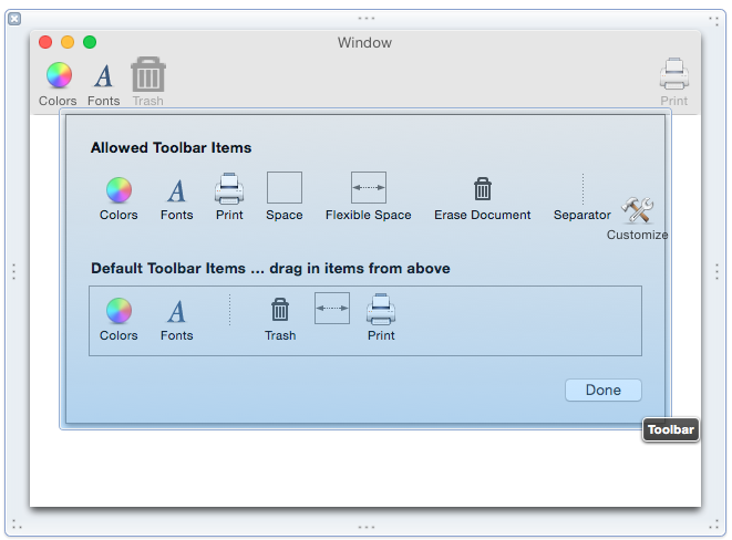 Los elementos de la barra de herramientas permitidos en el cuadro de diálogo de personalización de la barra de herramientas