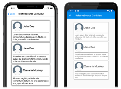 Objetos CardView con plantilla Capturas de pantallas de objetos CardView con plantilla, en iOS y Android