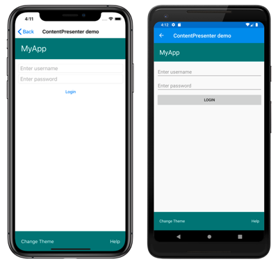 ContentPage con plantilla Capturas de pantallas del objeto de página con plantilla, en iOS y Android