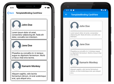 Objetos CardView con plantilla Capturas de pantallas de objetos CardView con plantilla