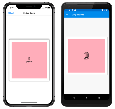 CarouselView con el elemento de menú contextual SwipeView inferior Captura de pantalla del elemento de menú contextual de CarouselView, en iOS y Android