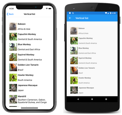 Diseño de lista vertical CollectionView Captura de pantalla de un diseño de lista vertical CollectionView, en iOS y Android