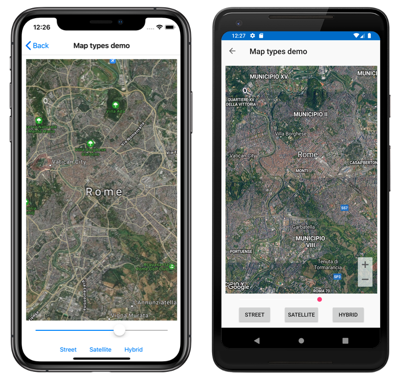 Captura de pantalla del control de mapa con el tipo de mapa híbrido, en iOS y Android