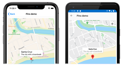 Captura de pantalla de una chincheta de mapa y su ventana de información, en iOS y Android