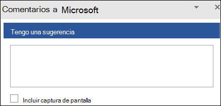 Captura de pantalla: campo de texto para escribir sugerencias de comentarios a Microsoft.