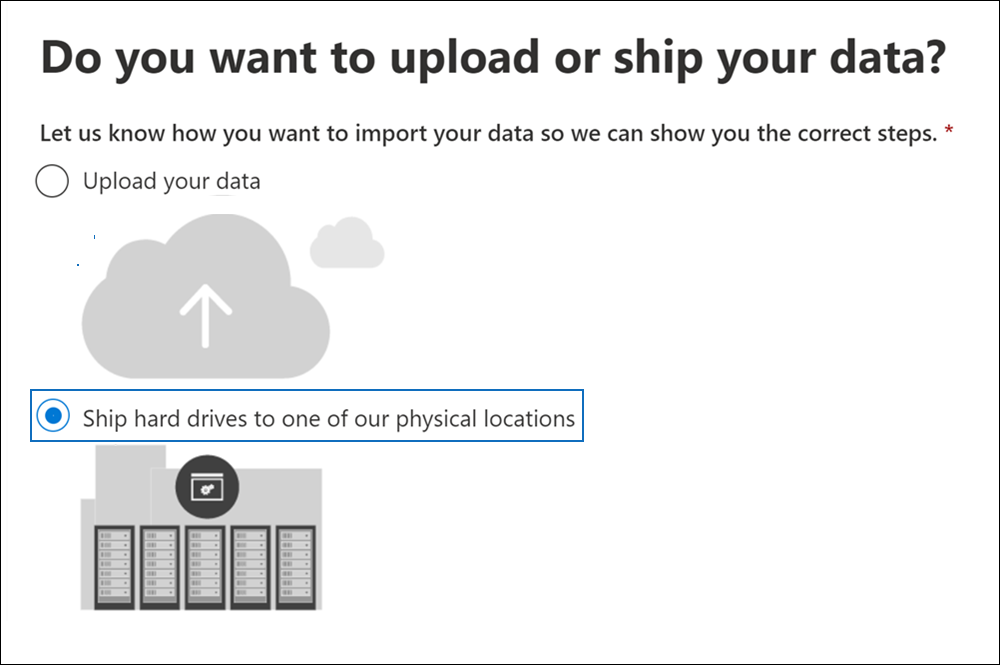 Haga clic en Enviar unidades de disco duro a una de nuestras ubicaciones físicas para crear un trabajo de importación de envío de unidades.