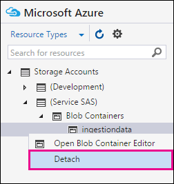 Haga clic con el botón derecho en ingesta y haga clic en Desasociar para desconectarse del área de Azure Storage.