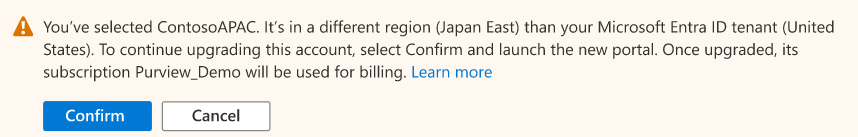Screenshot of confirmation for selecting an account in a region that's different from your tenant region.