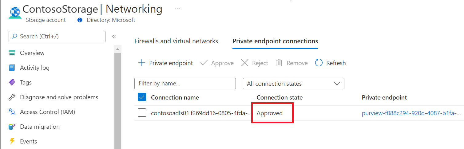Captura de pantalla que muestra el punto de conexión privado aprobado para orígenes de datos en Azure Portal