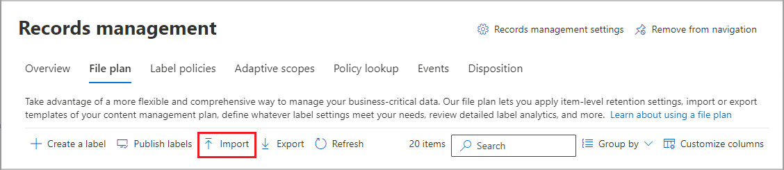 Opción para importar el plan de archivos