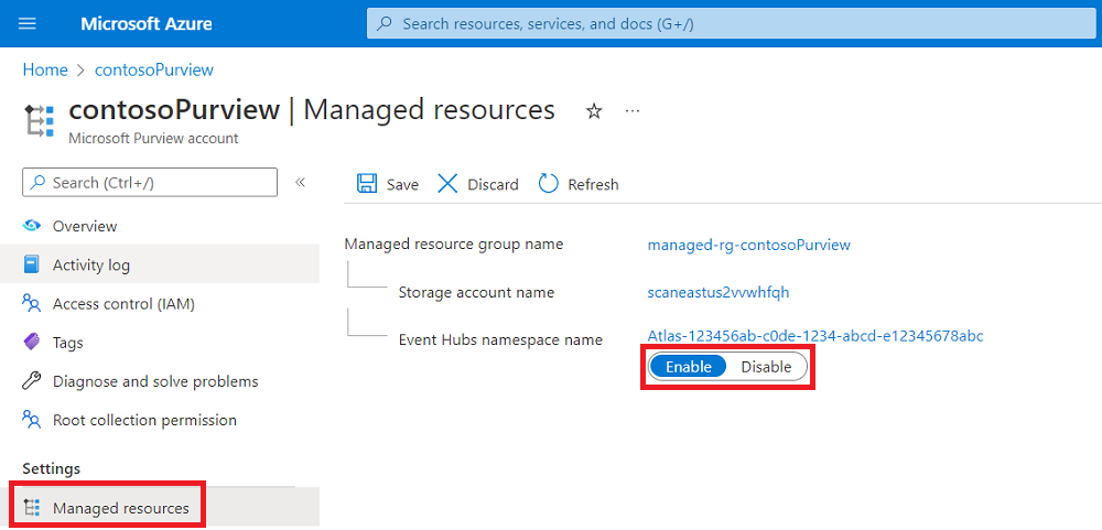 Captura de pantalla que muestra el botón de alternancia del espacio de nombres de Event Hubs resaltado en la página Recursos administrados de la página de la cuenta de Microsoft Purview en el Azure Portal.