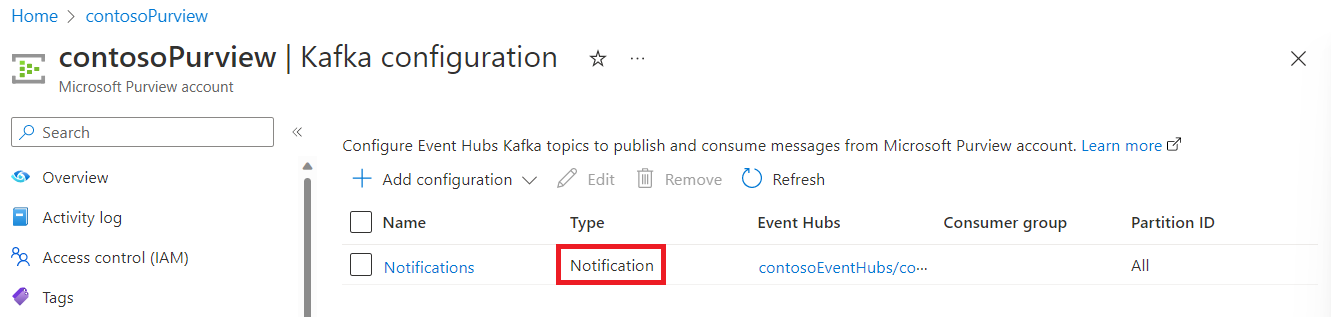 Captura de pantalla que muestra la opción de configuración de Kafka con una configuración de tipo de notificación lista.