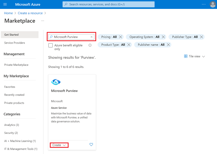 Captura de pantalla que muestra Microsoft Purview en el Azure Marketplace, con el botón Crear resaltado.