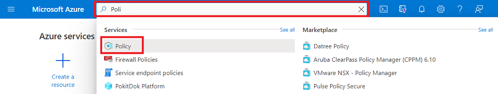 Captura de pantalla que muestra la barra de búsqueda de Azure Portal, buscando la palabra clave Policy.