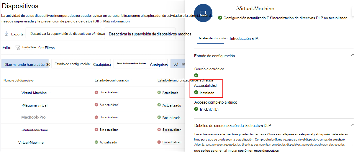 Captura de pantalla de los detalles del dispositivo Microsoft Purview que muestran la accesibilidad con el estado Instalado.