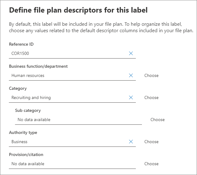 Descriptores del plan de archivos al crear o editar una etiqueta de retención.