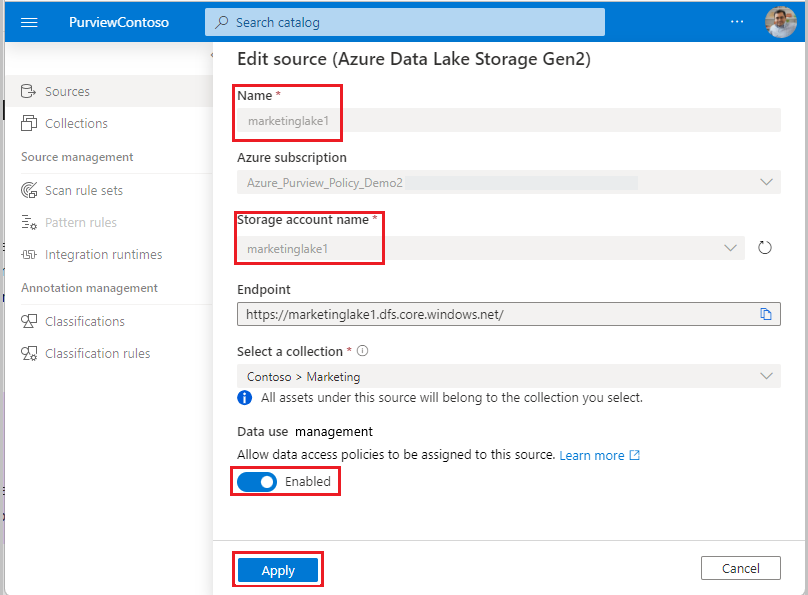 Captura de pantalla que muestra cómo registrar un origen de datos para la directiva con la opción Administración de uso de datos establecida para habilitar