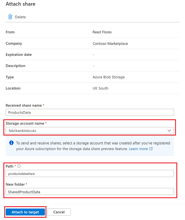 Captura de pantalla que muestra la página de configuración de invitación de recurso compartido, con un nombre de recurso compartido agregado, una colección seleccionada y el botón Aceptar y configurar resaltado.