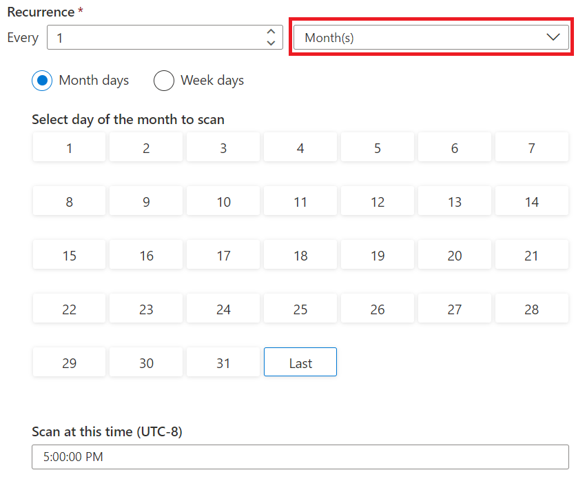 Captura de pantalla de las opciones editar periodicidad de página de actualización, que muestra un conjunto de periodicidad mensual.