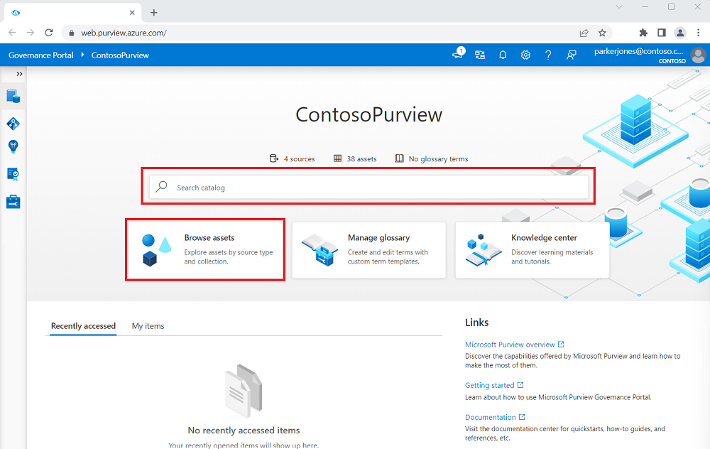 Captura de pantalla del portal de gobernanza de Microsoft Purview, con la barra de búsqueda y los botones de exploración resaltados.