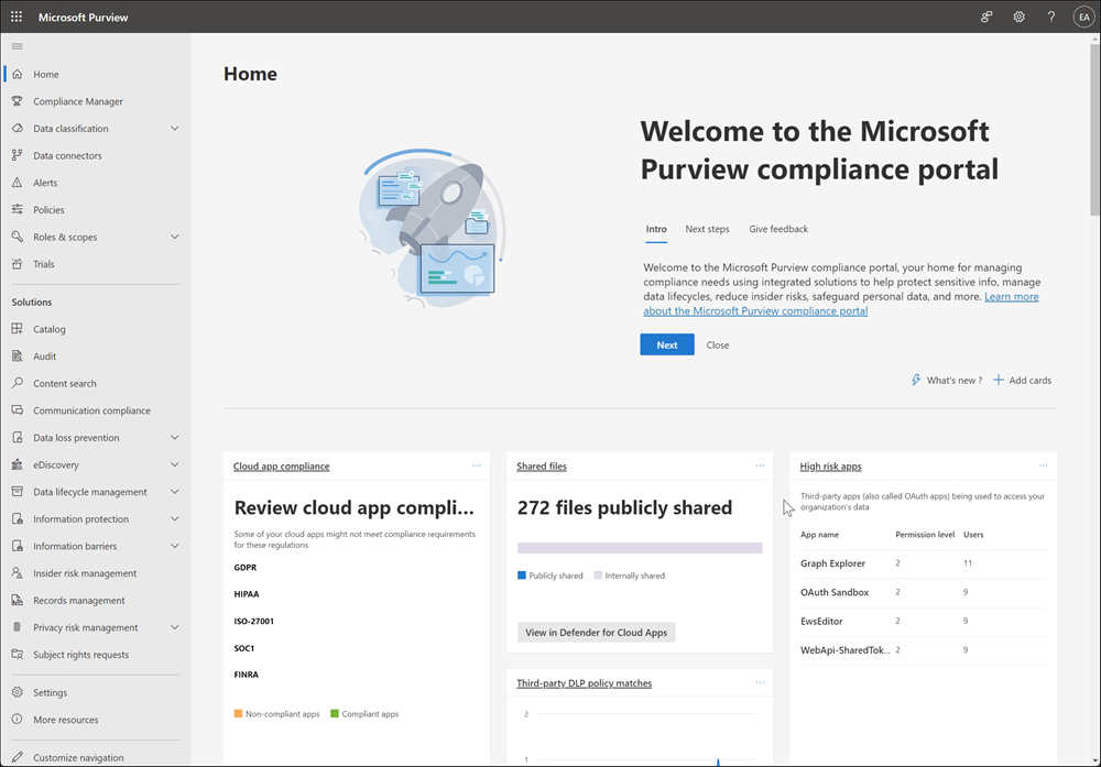 Página principal del portal de cumplimiento de Microsoft Purview.
