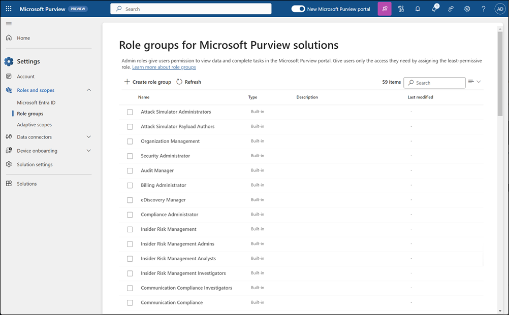 Roles y ámbitos en el portal de Microsoft Purview.