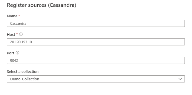 Captura de pantalla que muestra la pantalla Registrar orígenes (Cassandra).