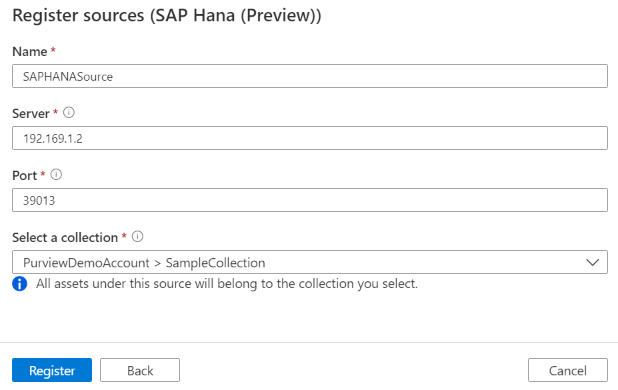 Captura de pantalla que muestra los cuadros para registrar orígenes de SAP HANA.
