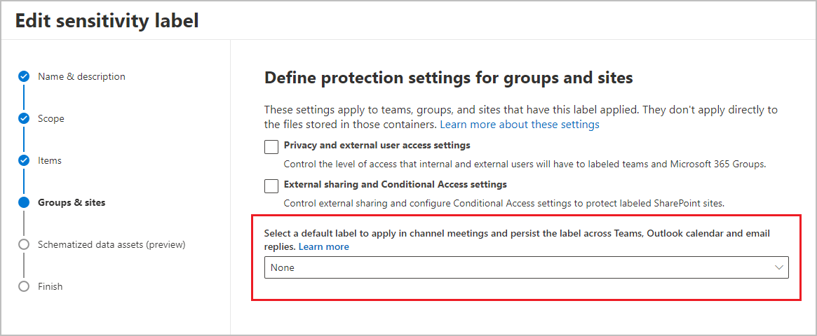 Captura de pantalla de la opción para configurar una etiqueta de confidencialidad predeterminada para proteger las reuniones de canal y el chat.