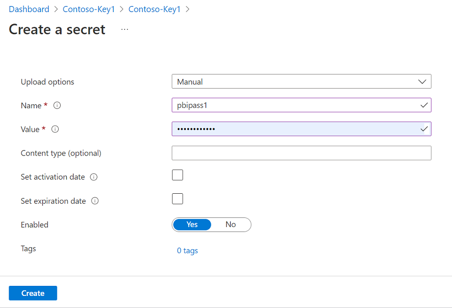 Captura de pantalla que muestra cómo generar un secreto en Azure Key Vault.