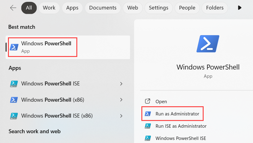 Captura de pantalla que muestra cómo abrir PowerShell en modo de administrador.