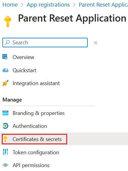 Captura de pantalla que muestra la ubicación de certificados y secretos.