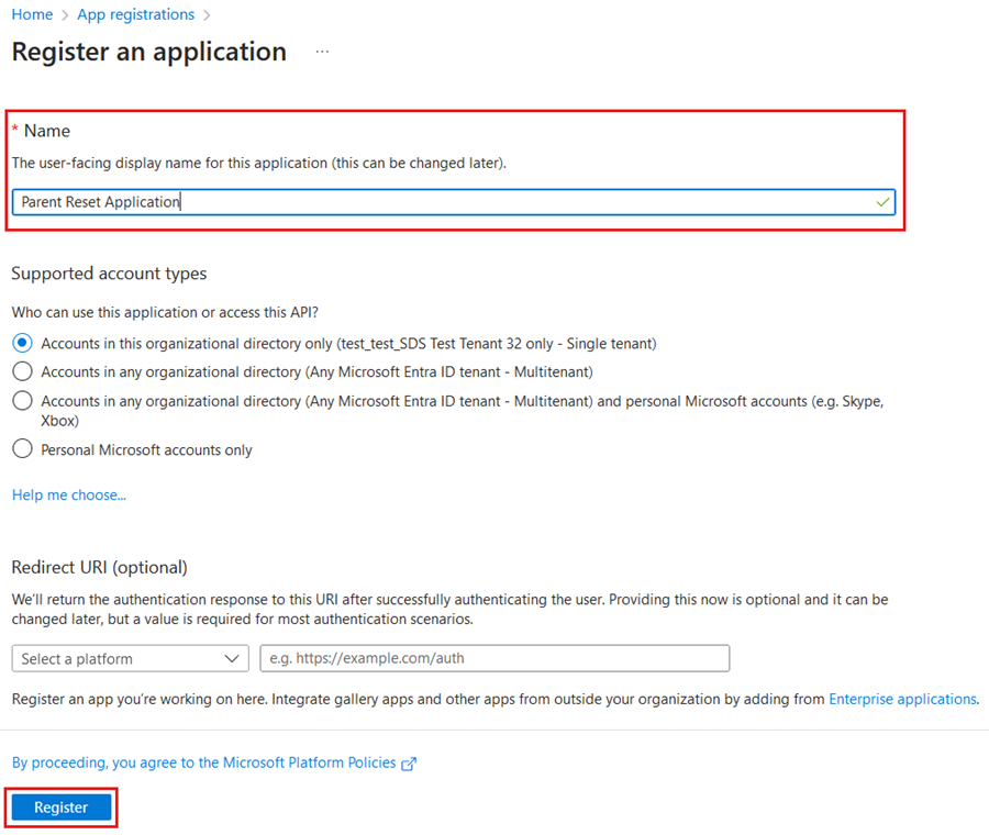Captura de pantalla que muestra cómo rellenar la página Registrar una aplicación.
