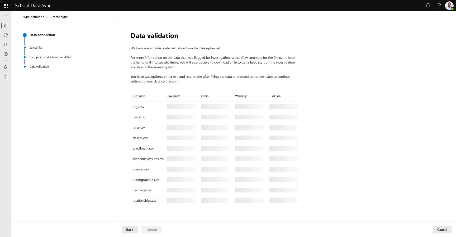 Captura de pantalla del procesamiento de archivos a través de la validación de datos.