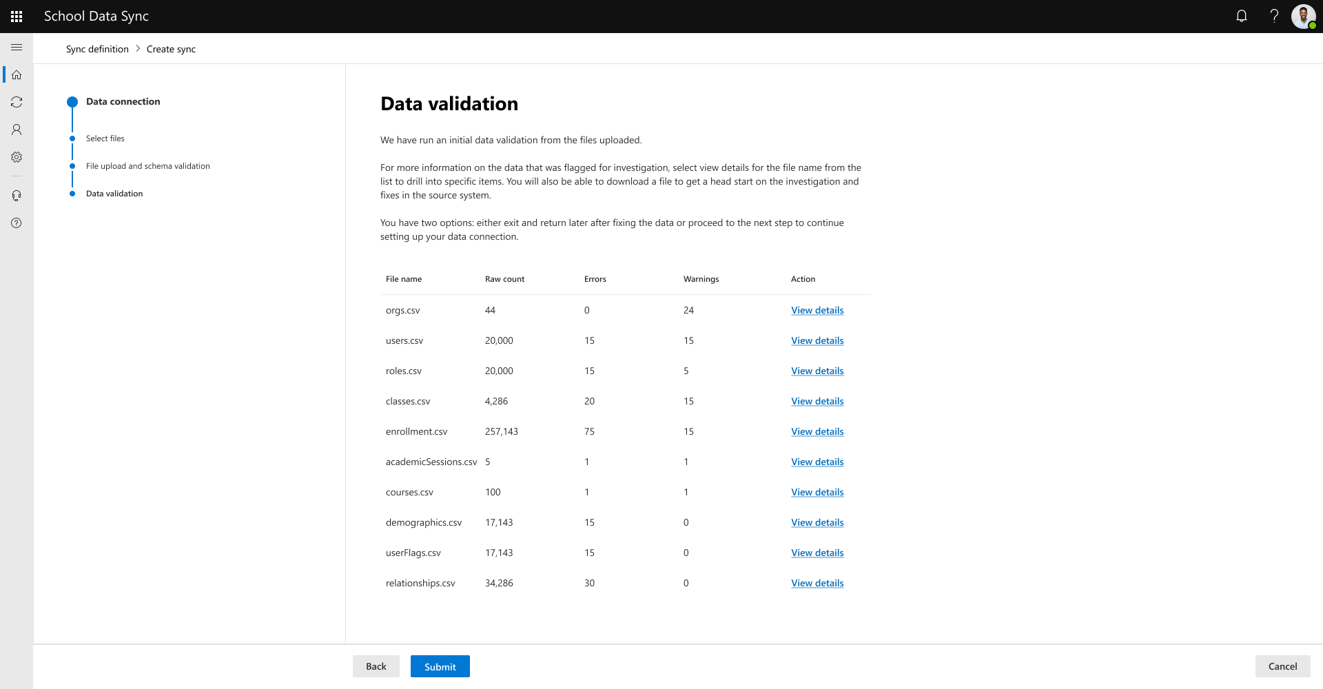 Captura de pantalla de los archivos procesados mediante la validación de datos.