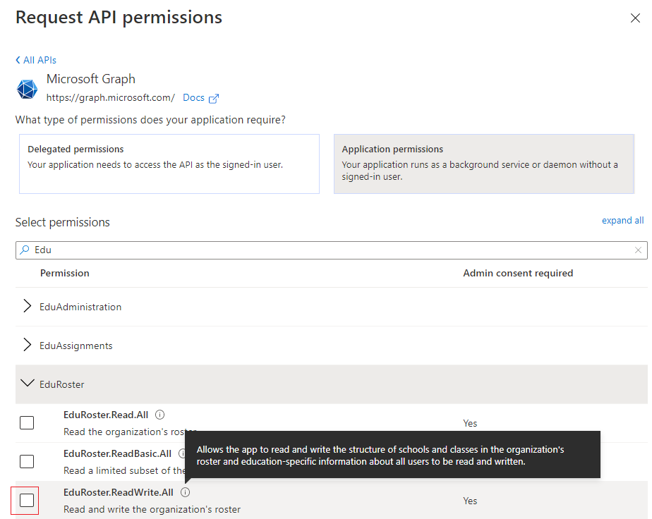 Captura de pantalla de un elemento de permiso de API con un tooltip.