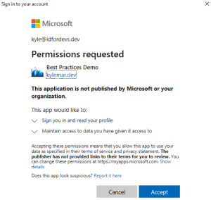Captura de pantalla del cuadro de diálogo Permisos solicitados que describe los permisos que solicita la aplicación con los botones Cancelar y Aceptar.
